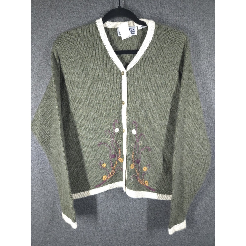 90s Vtg Jantzen Petite Green Cardigan Sweater L/G Wool‎ Blend Cottagecore Beaded